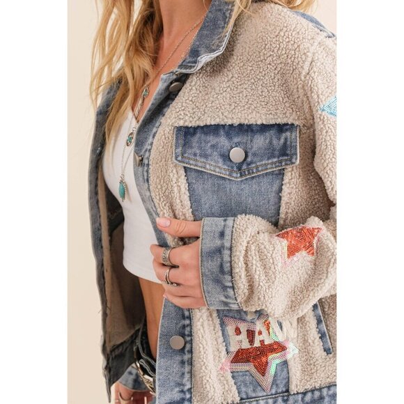 Teddy Denim Contrast Yee Haw Sequin Star Jacket - Picture 7 of 16